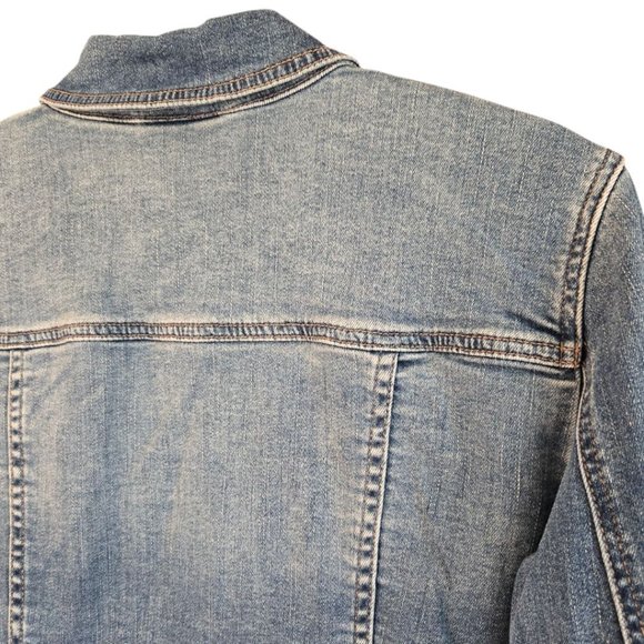 Chicos Size 2 Womens Medium Blue Denim Jacket Rounded Hem Lace Detail - Picture 5 of 10